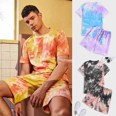small quantity clothing manufacturers Men'S Summer 2pc Tie Dye Round Neck Short Sleeve Casual Suit